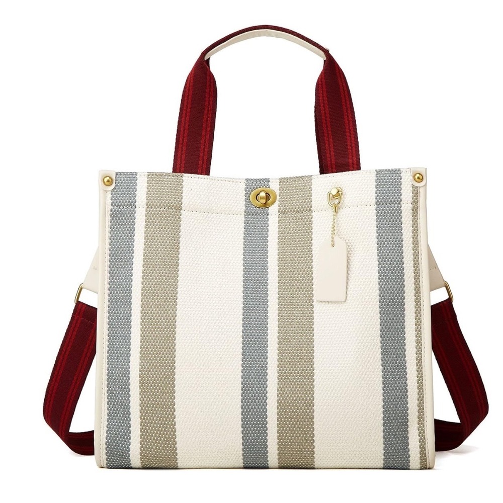 Striped‎ Canvas Tote Bag Burgundy Straps Gold Hardware Women's Shoulder Bag